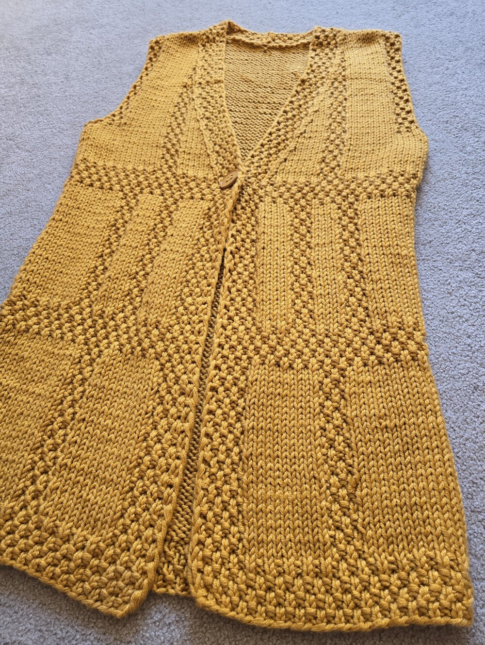 Hand Knit Mustard Yellow Chunky Long Sweater Vest Cardigan Size Large